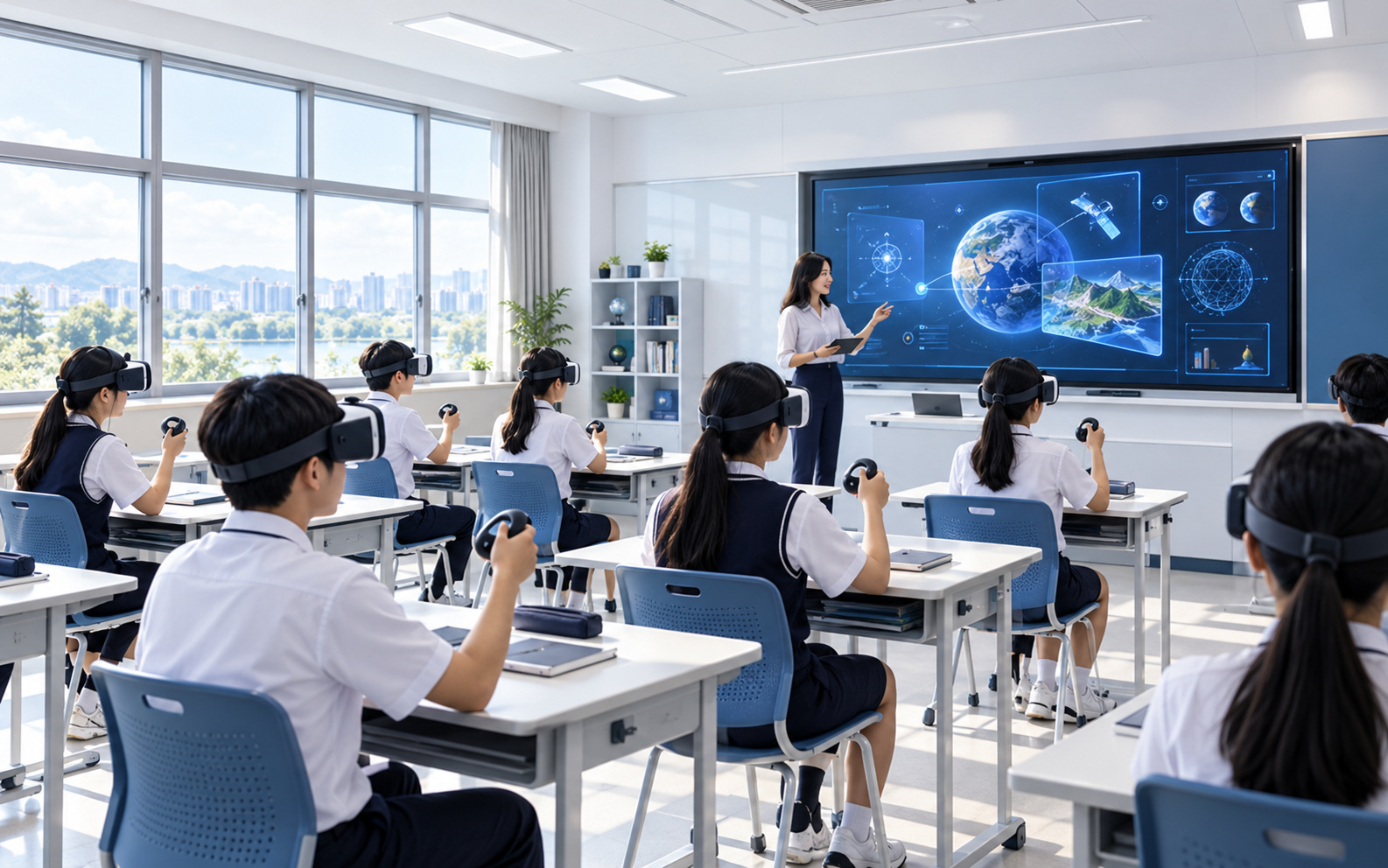 AI 융합교실에서 VR 헤드셋으로 수업하는 모습